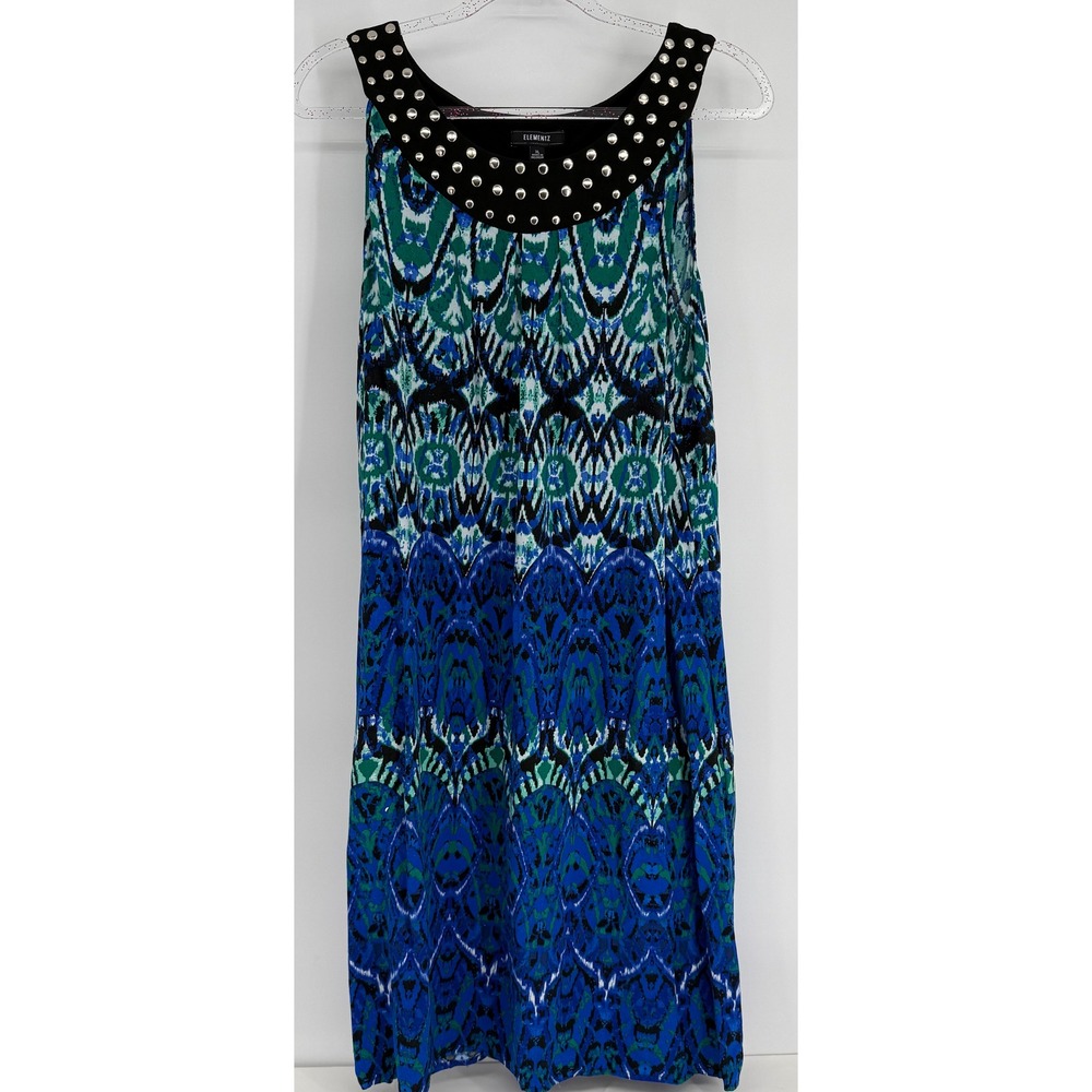 Elementz‎ Women Blue Green Ikat Studded Neck Sleeveless Rayon Dress  Sz XL